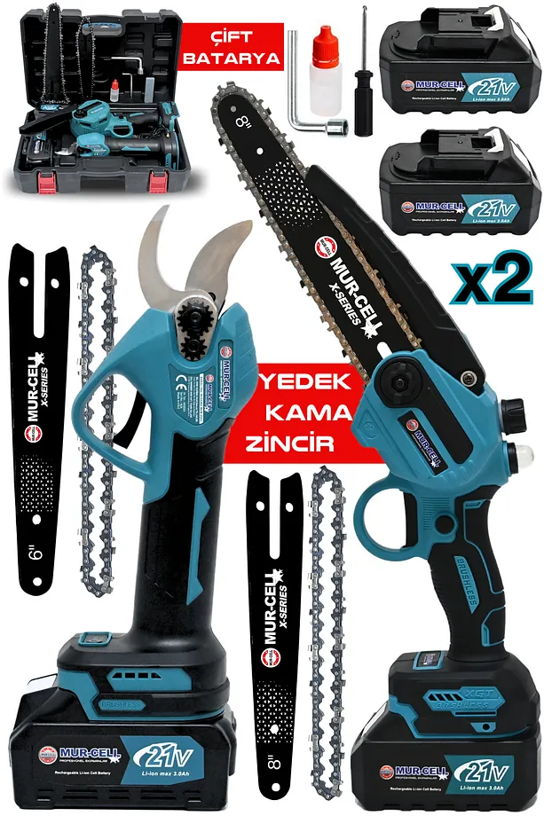Mur-Cell M 2'li Set Çelik Şanzuman Çift Pala Zincirli Şarjlı Dal Budama Testere Budama Makas 21v 3ah